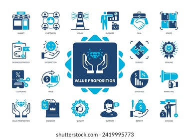 Symbolsatz Wert Proposition setzen. Markt, Waren, Dienstleistungen, Kunden, Zufriedenheit, Nutzen, Rabatt, Kosten, Geschäftsstrategie. Duotone-Farbsymbole