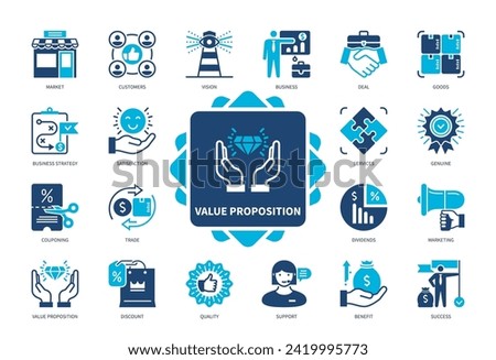 Value Proposition icon set. Market, Goods, Services, Customers, Satisfaction, Benefit, Discount, Costs, Business Strategy. Duotone color solid icons