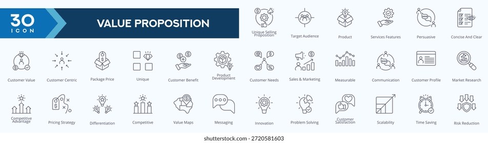 Ícone da linha da proposta de valor que ilustra negócios, marketing, valor do cliente, estratégia de precificação, diferenciação e benefícios do produto.
Adequado para apresentações, marcas, infográficos, web design, interfaces de UI e conteúdo de estratégia de negócios.