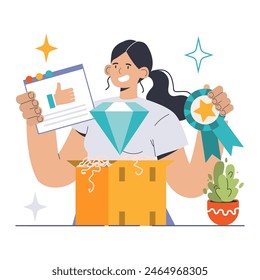 Value Proposition theme. Confident woman showcases a thumbs-up document, prized diamond, and a quality badge. Communicating unique selling point, market excellence. Flat vector illustration