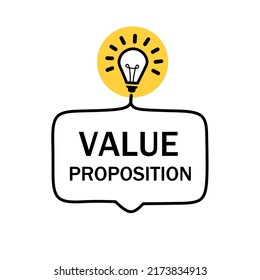 Value proposition word writing text quote. Badge with lightbulb. Flat vector illustration.