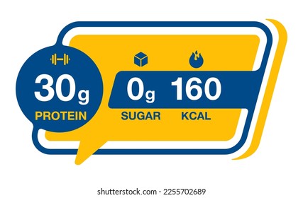 Value of Protein, Sugar, Calories - Label for chocolate bar or energy drink - . Isolated badge