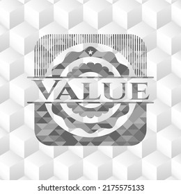 Value realistic grey emblem with geometric cube white background. 