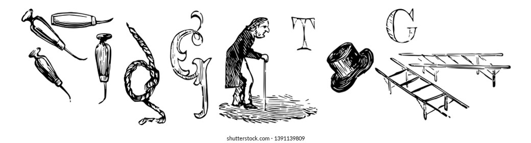 A value rebus explaining that everything which glitters is not gold, vintage line drawing or engraving illustration.