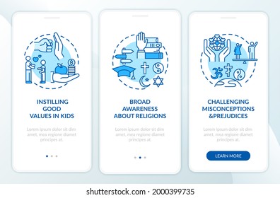Value of religion blue onboarding mobile app page screen with concepts. Challenge prejudice. Faith benefits walkthrough 3 steps graphic instructions. UI vector template with RGB color illustrations