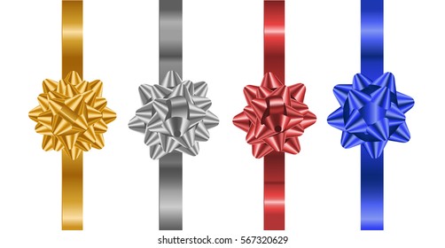 Value set of four color bows or ribbons consist of red, gold, silver and blue. Nice surreal ribbon element for decoration, making card, gift box celebration design.