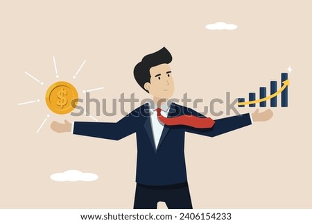 Value stocks vs growth stocks, comparison between investment styles, businessman compares between value and growth stocks in his hand.