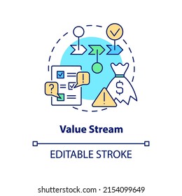 Value Stream Concept Icon. Steps And Processes. Lean Manufacturing Key Principle Abstract Idea Thin Line Illustration. Isolated Outline Drawing. Editable Stroke. Arial, Myriad Pro-Bold Fonts Used