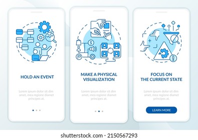 Mapeo de flujo de valor mejores prácticas pantalla azul de aplicación móvil en bordo. Recorrido 3 pasos páginas de instrucciones gráficas con conceptos lineales. UI, UX, plantilla GUI. Multitud de tipos de letra Pro-Bold, con uso regular