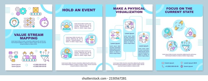 Value stream mapping brochure template. Lean manufacturing. Leaflet design with linear icons. 4 vector layouts for presentation, annual reports. Arial-Black, Myriad Pro-Regular fonts use