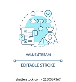 Value Stream Turquoise Concept Icon. Steps, Processes. Lean Manufacturing Principle Abstract Idea Thin Line Illustration. Isolated Outline Drawing. Editable Stroke. Arial, Myriad Pro-Bold Fonts Used