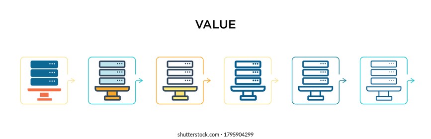 Value vector icon in 6 different modern styles. Black, two colored value icons designed in filled, outline, line and stroke style. Vector illustration can be used for web, mobile, ui
