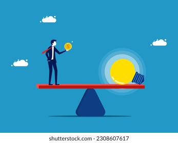 The value of wisdom and knowledge. Businessman with money and light bulb on scales