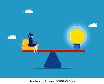 The value of wisdom and knowledge. Businesswoman with money and light bulb on scales