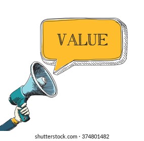 VALUE word in speech bubble with sketch drawing style
