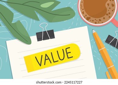 value word written on sticky note, top view composition with coffee cup, pen, office clips and green houseplant - vector illustration