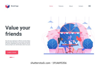 Value your friends vector illustration. Cartoon two girl friends characters sitting at table in cafe, talk and enjoy time in friendly conversation together. Appreciate friendship concept landing page
