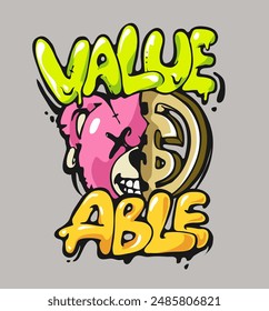 value-able slogan with cartoon gold coin in bear doll head graphic vector illustration