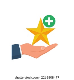 Value-added icon. A star with a plus sign above the hand. Vector illustration flat design. Isolated on white background.