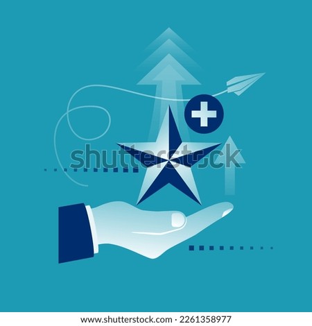 Value-added icon. A star with a plus sign above the hand. Vector illustration flat design. Isolated on white background.