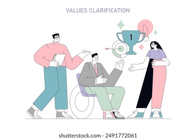 Concepto de clarificación de valores. Equipo participar en el taller de ética y establecimiento de objetivos para el crecimiento personal y la motivación. Desarrollo del Profesional y autodescubrimiento. Ilustración vectorial.