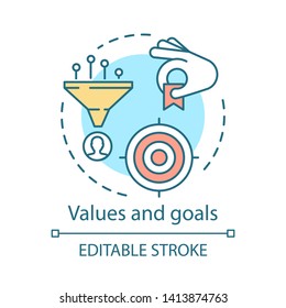 Values and goals concept icon. Vision and mission, aim, business plan, targeting strategy idea thin line illustration. Purpose plan. Vector isolated outline drawing. Editable stroke