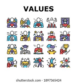 Values Human Life Collection Icons Set Vector. Love And Friendship, Health And Strength, Safety And Tranquility, Success And Power People Values Concept Linear Pictograms. Contour Color Illustrations