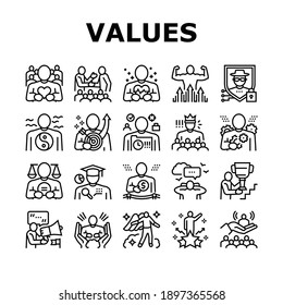 Values Human Life Collection Icons Set Vector. Love And Friendship, Health And Strength, Safety And Tranquility, Success And Power People Values Black Contour Illustrations