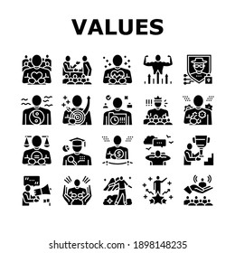 Values Human Life Collection Icons Set Vector. Love And Friendship, Health And Strength, Safety And Tranquility, Success And Power People Values Glyph Pictograms Black Illustrations