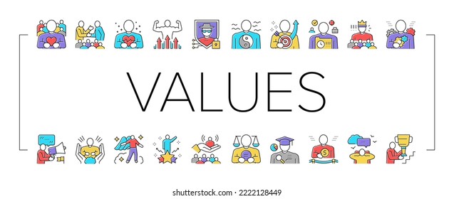 Values Human Life Collection Icons Set Vector. Love And Friendship, Health And Strength, Safety And Tranquility, Success And Power People Values Concept Linear Pictograms. Contour Color Illustrations