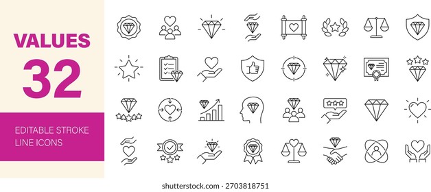 Values icon set. Containing outcome, result, award, diamond, goal, aim, growth, love, quality, reward, success, satisfaction and more. Editable line icons. Vector illustration.