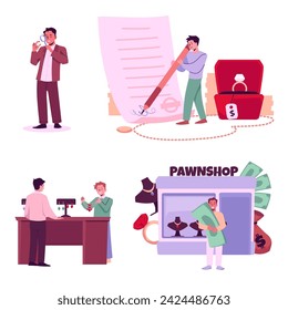 Values and jewelry sale in pawnshop set banners with characters, flat vector illustration isolated on white background. Pawnshop lend or loan concepts collection.