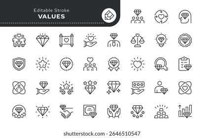 Conjunto de ícones de linha de valores. Diamante, qualidade, sucesso, conquista, joia, ideal e muito mais. Ícone Contorno em estilo linear. Coleção de vetores.	
