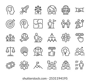 Values line icons. Integrity, Empathy and Strategy. Vision, Social Responsibility, Commitment, Environmentalism icons. Personal Growth, Innovation, Family, Problem Solving. vector icons