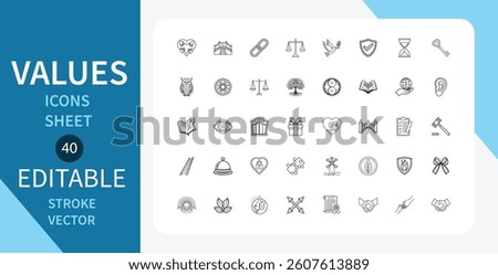Values line icons set. Honesty, Integrity, Teamwork, Justice, Trust, Security, Protection and more. Outline vector icon in linear style. Editable stroke. Vector illustration.