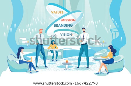 Values. Mission. Branding. Vision. Skill Developing Business Training for Strategists in Trendy Coaching Center. Two Men and Three Women, Dressed Smart, Sharing Ideas and Studying Together.