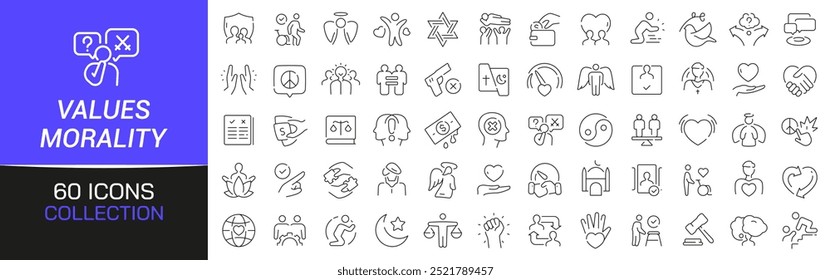 Values and morality line icons collection. Thin outline icons pack. UI icon collection. Set of line web pictogram