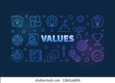Values vector colored illustration or banner in thin line style on dark background