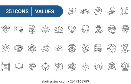 Values Web Icons Set in Line or outline Style related to Values. Icons For Web and Mobile App. Linear icons collection. Editable stroke. Vector illustration