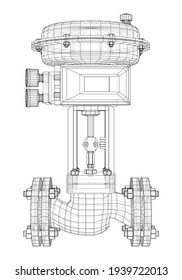 Valve with automatic electro-actuated. Vector rendering of 3d. Wire-frame style
