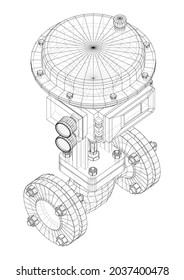 Valve with automatic electro-actuated. Vector rendering of 3d. Wire-frame style. Orthography or isometric