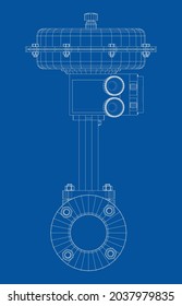 Valve with automatic electro-actuated. Vector rendering of 3d. Wire-frame style. Orthography or isometric