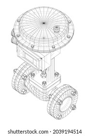Valve with automatic electro-actuated. Vector rendering of 3d. Wire-frame style. Orthography or isometric