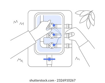 Valve box abstract concept vector illustration. Repairman installing wires for irrigation system, exterior works, engineering process, water spraying, valve box installation abstract metaphor.