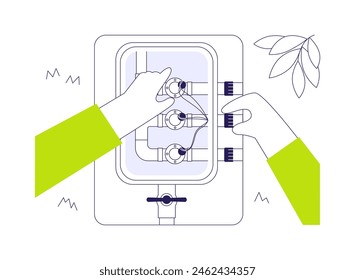 Valve box abstract concept vector illustration. Repairman installing wires for irrigation system, exterior works, engineering process, water spraying, valve box installation abstract metaphor.