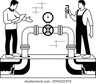 Valve Control and Pipe Repair vector design, plumbing worker sketch, Handyman Services drawing, HVAC technician story illustration, Engineer Managing Process Water in Underground Mining concept