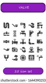 conjunto de iconos de la válvula. 25 iconos de válvula rellenos. Tubos incluidos, tubos, grifos, tuberías, fontanería, rueda de radios, iconos de alcantarillado