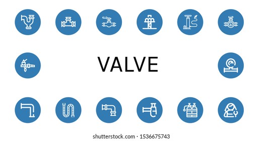 valve icon set. Collection of Pipe, Valve, Drop tower, Air pump, Siphon, Oxygen tank, Plumber, Water meter icons
