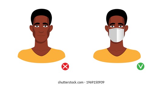 Valve mask required. Afro american man with and without mask isolated on white background. Vector illustration.