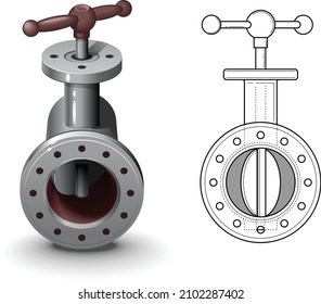 Vista 3d de la tubería de válvulas y dibujo esquemático del grifo. Vector